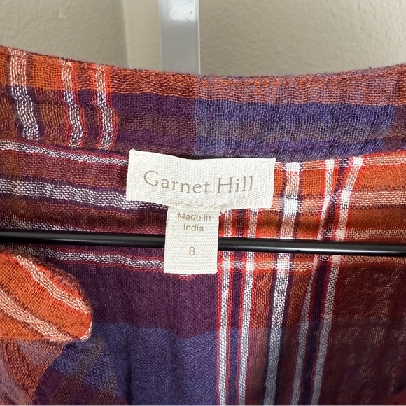 Garnet Hill Organic Cotton Batwing Button Front Gauze Top Orange Purple Plaid 12 - Picture 4 of 8